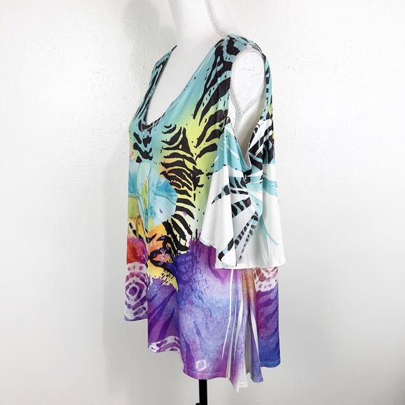 Fantazia Blouse Women Large Multicolor Floral All Over Print Cold Shoulder S/S - Picture 2 of 12